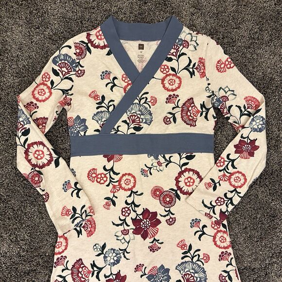 Tea Collection Wrap Front Taiyo Dress Girls 12 Long Sleeve Oatmeal Floral - Picture 3 of 13